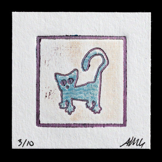 This captivating print, titled 'Small Cat', is a testament to A. M. George's artistic skill. Crafted using advanced lasercut techniques, this piece showcases a small blue cat with distinctive purple outlines set against a white background with subtle yellow and brown undertones. The square shape of the image provides an intriguing contrast to the rounded features of the feline subject.