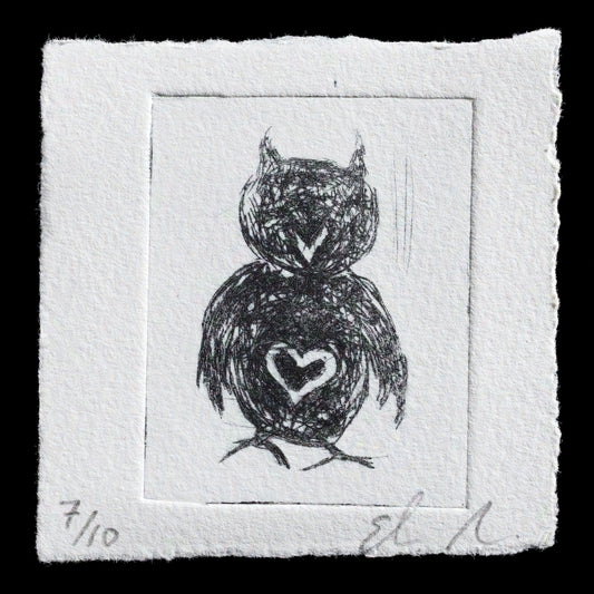 This print, titled "Superb Owl" by Eleanor Buffam, showcases a captivating owl with an intricately etched heart-shaped design in its chest. The drypoint technique employed brings out the delicate details and texture of the paper, creating a striking visual effect.
