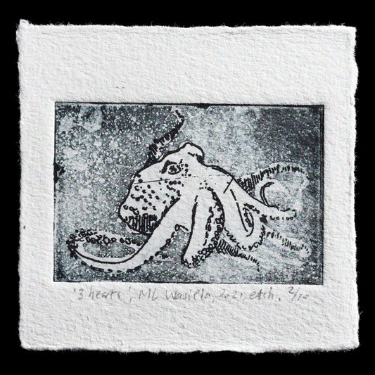 Here is a concise description of the print:

Title: "Three Hearts"
Artist: ML Wasiela
Techniques: Aquatint
A black-and-white etching featuring an octopus against a mottled gray background, showcasing intricate details and textures characteristic of aquatint techniques.