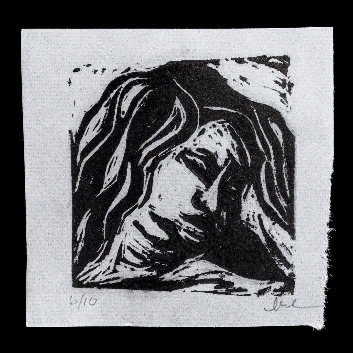 The print "Ruth" by Melissa Rian is a captivating linocut artwork that showcases the artist's skillful technique. This black-and-white piece features an abstracted figure with long hair flowing down, set against a square background. The subtle texture and expressive lines create a sense of depth and emotion, inviting viewers to explore its nuances further.