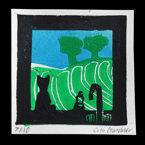 The 'Kitchen Sink Window' print is a vibrant artwork created by Orla Gardner through linocut technique. This piece showcases a colorful scene with green hills, blue sky, trees, and silhouettes of people. The visible content features a diverse palette of colors, including greens, blues, and black, which contribute to the overall aesthetic appeal of the print.