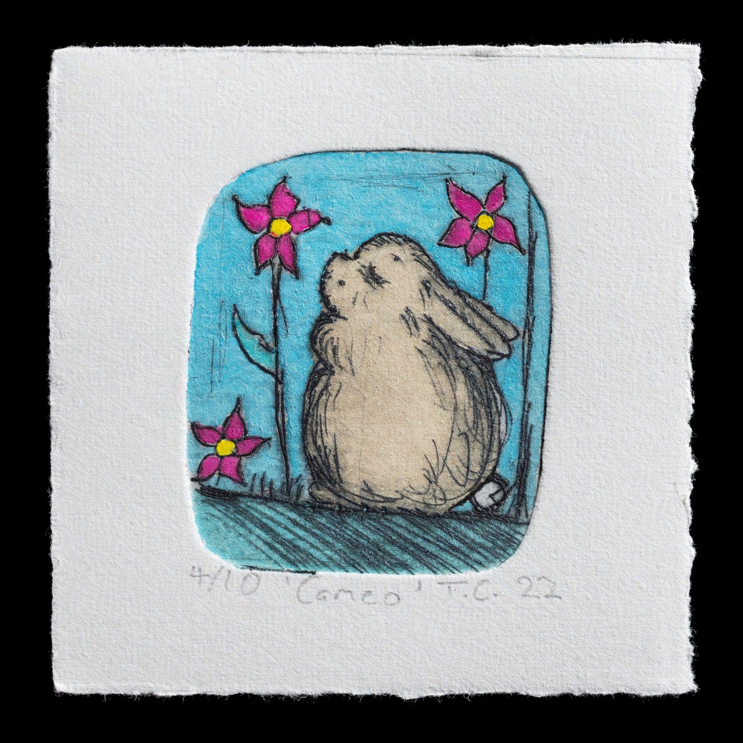 The print "Cameo" by Tessa Chudy is a captivating piece created using drypoint techniques. This artwork features a serene rabbit scene set against a vibrant blue background, adorned with delicate pink flowers and subtle gray grass elements. The harmonious blend of colors adds depth and visual appeal to the overall composition.