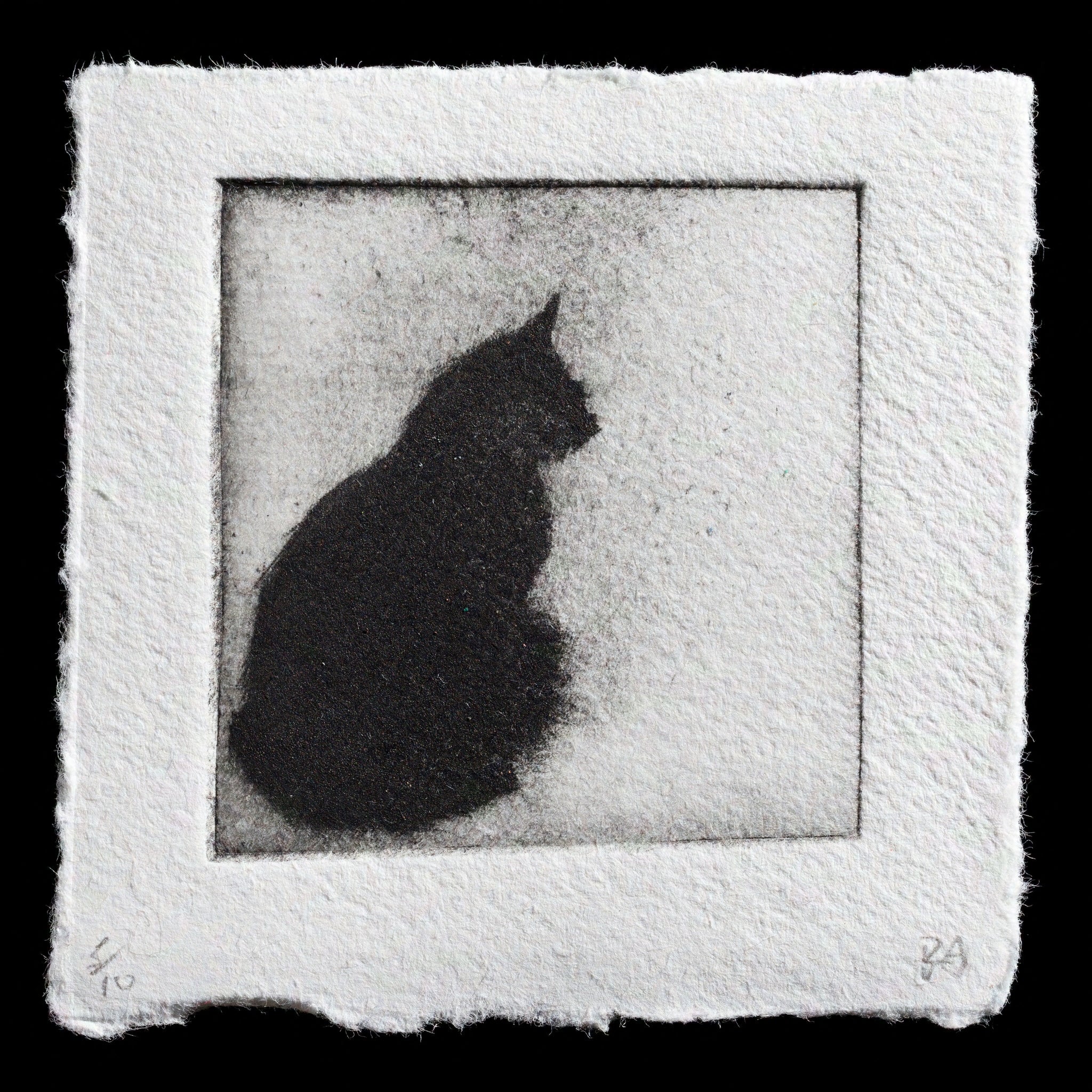 This captivating monochrome etching, 'Untitled' by Rachel Wingate, showcases a striking black cat silhouette against a white background, rendered in fine detail through mezzotint techniques. The artwork's intricate texture and subtle contrast evoke a sense of serenity, inviting the viewer to appreciate the artist's skillful portrayal of the feline form.