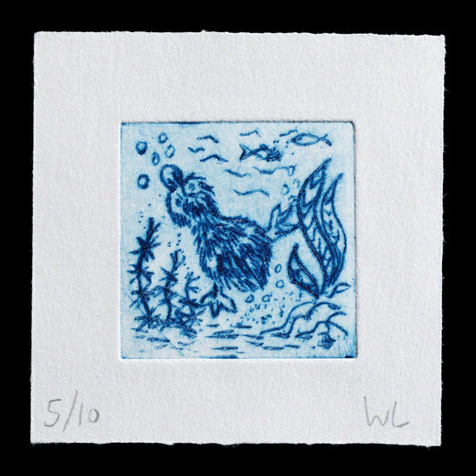 This print, titled "Tasmanian marsupial goose" by Willemijn Luijt, showcases a detailed depiction of an extinct bird species using drypoint techniques. The artwork features a blue-toned illustration set against a white background.