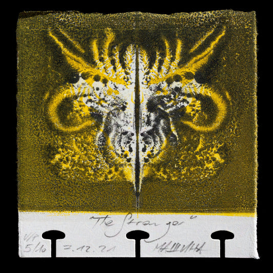 This print, "The Stranger" by Andreas Joska-Sutanto, is a striking example of monotype artistry. Created using monotype techniques, it showcases a bold black background with vibrant yellow accents that add depth and contrast to its abstract design. The result is a visually captivating piece that invites interpretation.