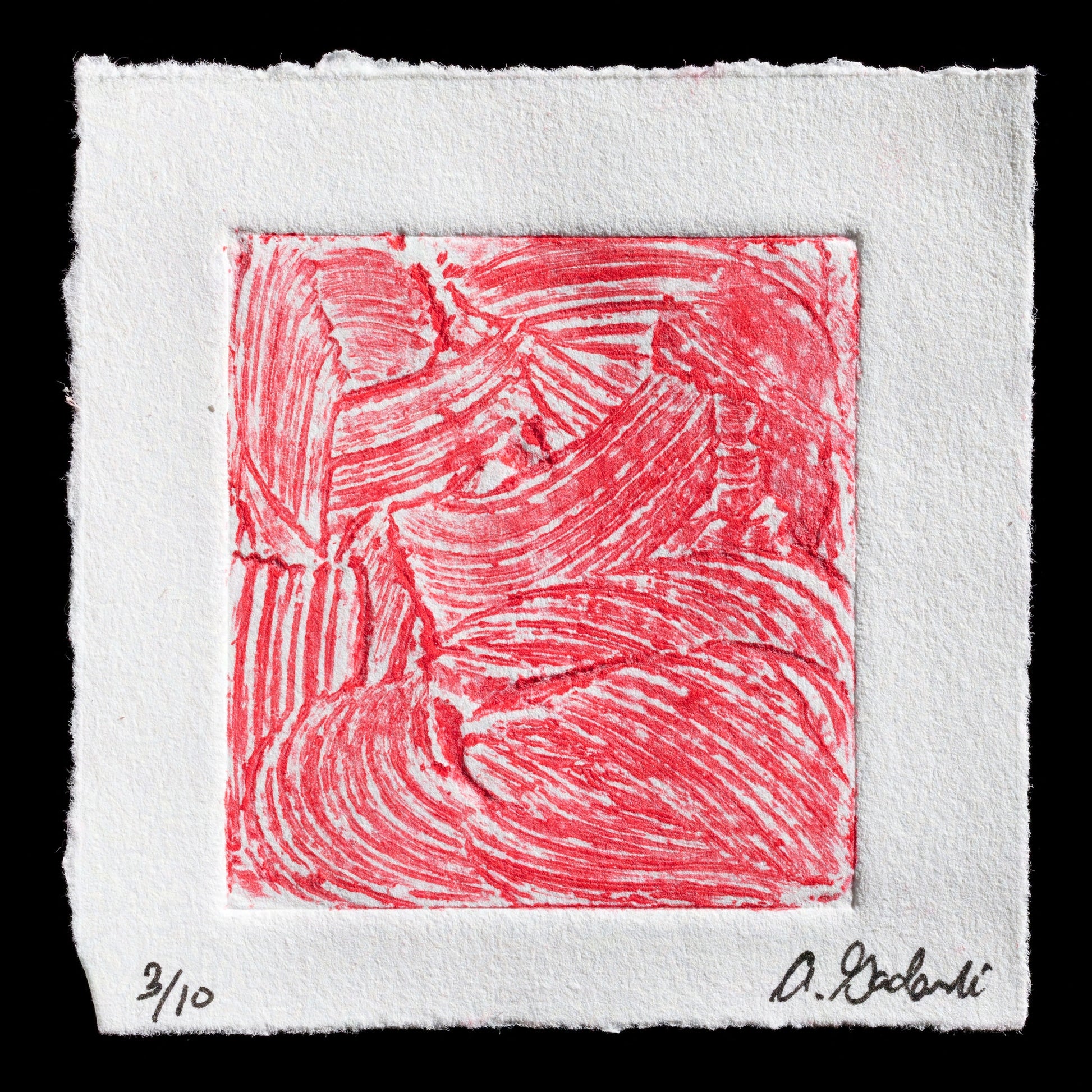 This untitled print by Alexandra Gadawski showcases a bold red square with swirling lines and shapes, reminiscent of a fingerprint or a wood grain pattern. The relief print features a deep crimson hue against a white background, creating a striking contrast that draws the viewer's attention.