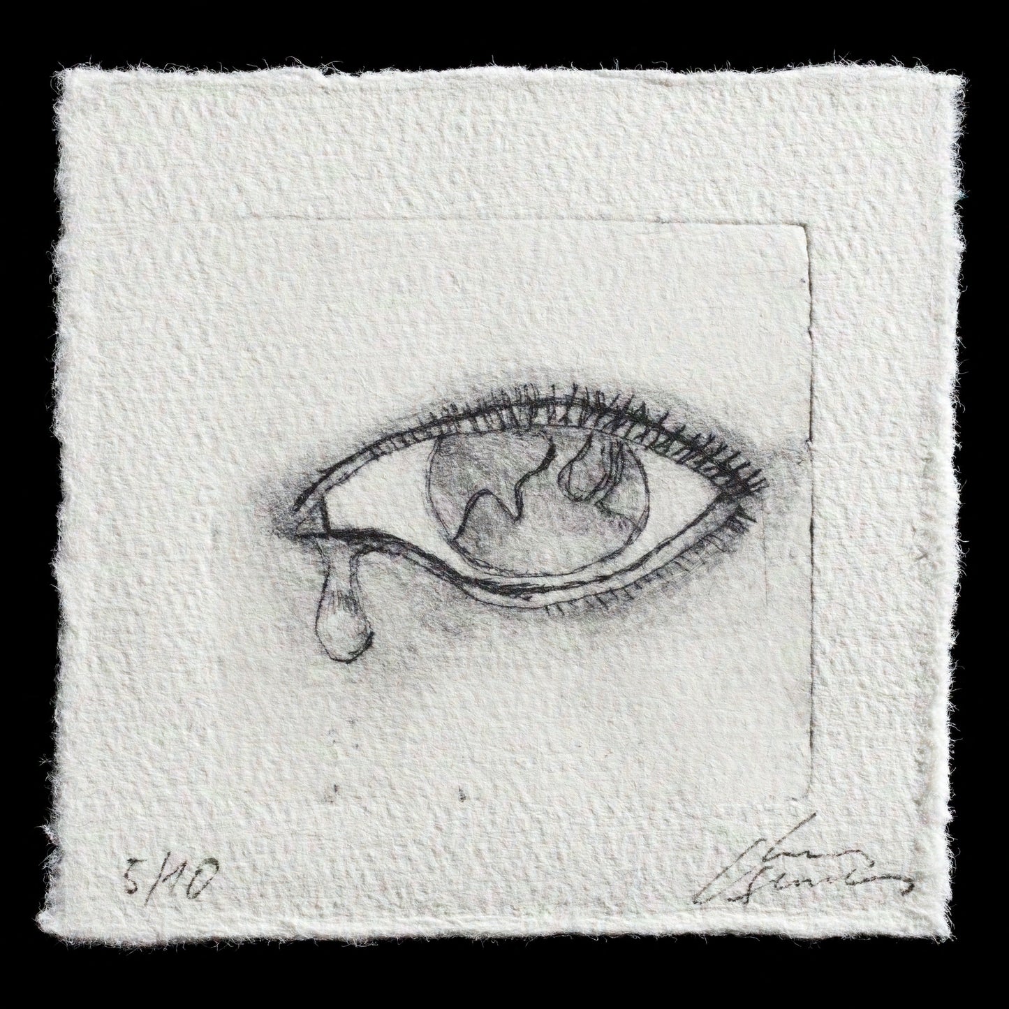 The image depicts an etching titled 'Gaia' by Clemens Suerbaum, showcasing a close-up view of a crying eye with tears streaming down its cheek, rendered in black ink on white paper. The artwork is signed in the lower-right corner and numbered "3/40" in the lower-left corner.