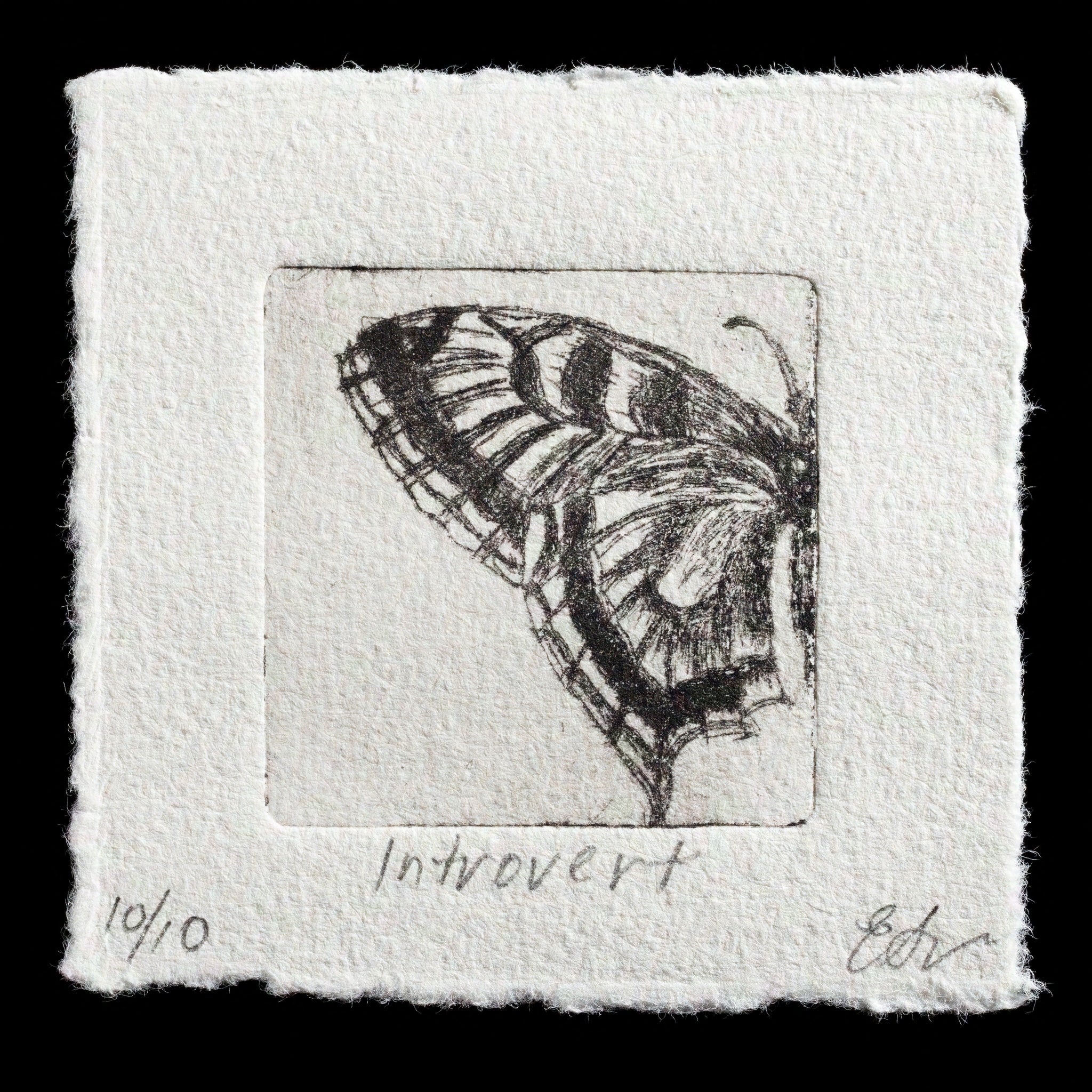 This captivating print, 'Introvert' by Ellen Sawicki, showcases a delicate butterfly with intricate black veins set against a crisp white background. Crafted using drypoint techniques, this artwork is executed in fine lines and subtle texture, inviting close examination of its details and beauty.