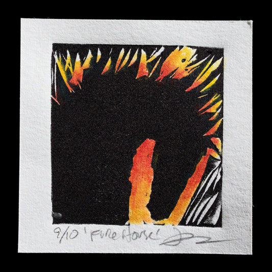 This print showcases a striking black background with vibrant orange-yellow streaks radiating from the bottom, creating an abstract composition.

**Title:** "Nevada Mustang"
**Artist:** Jann Selleck
**Techniques:** Linocut
**Color Scheme:**
� Black background
� Orange-yellow streaks

**Description:** The print features a bold and dynamic design that evokes a sense of energy and movement.