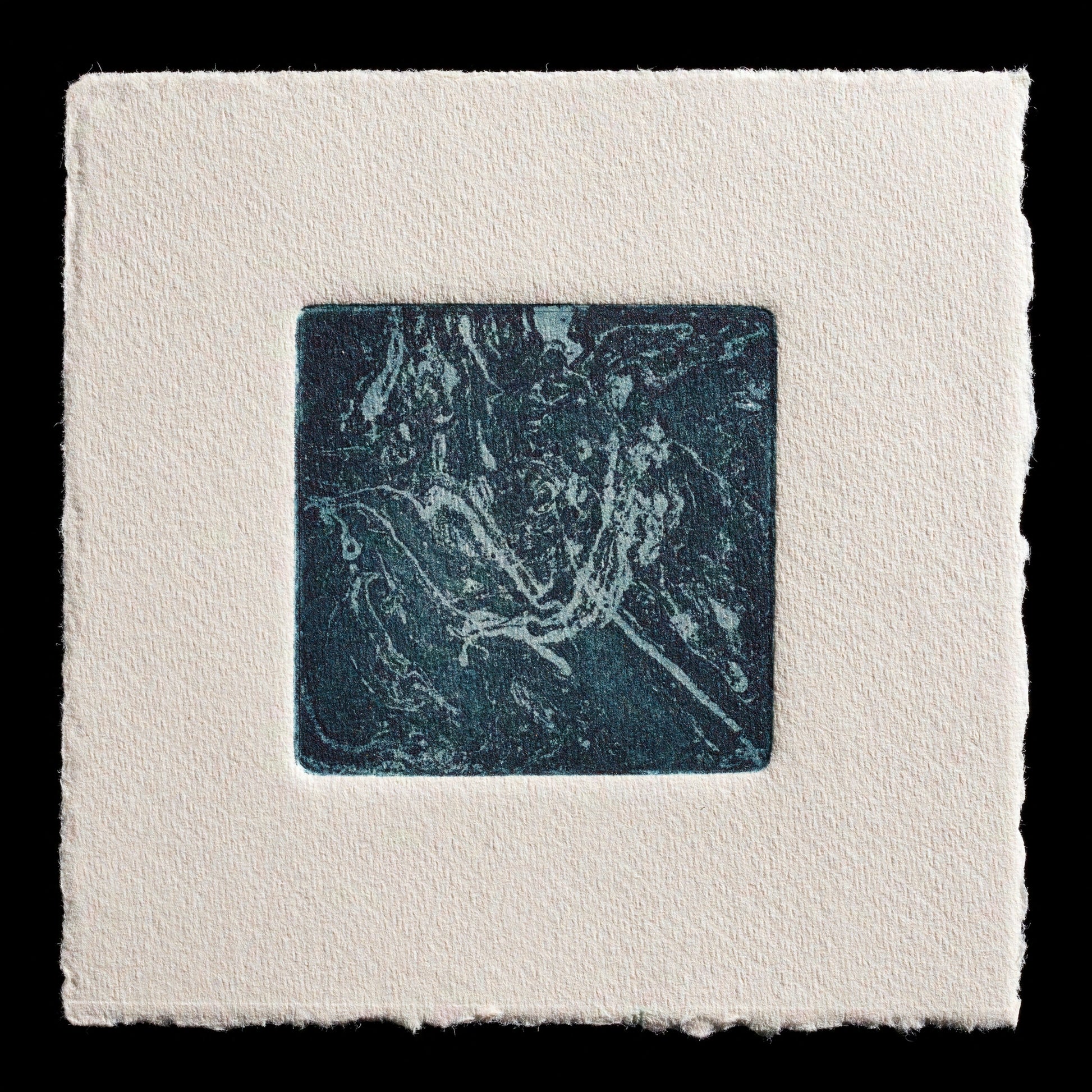 This print, untitled and attributed to Mei, features a striking blue-gray square at its center. Aquatint techniques are applied to create white lines that traverse the square, evoking the appearance of tree branches or abstract shapes. The image is set against an off-white background.