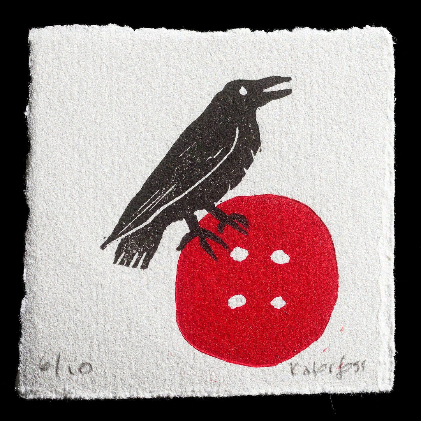 "Black raven on red button" by Kristin Tørfoss