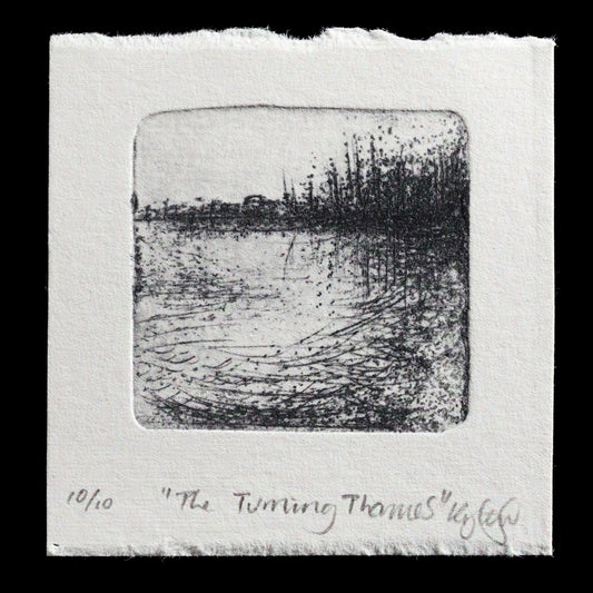 This print, "The Turning Thames" by Ky Lewis, is a captivating piece that showcases the artist's skill in drypoint technique. The monochromatic palette features shades of black that beautifully capture the essence of the Thames' serenity, inviting viewers to appreciate the subtleties of this iconic river.