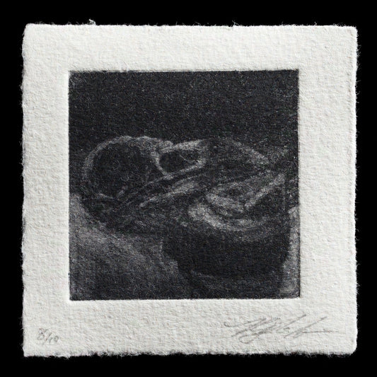 This mezzotint print, 'Small Passions' by Toby M. Schreier, features a monochromatic scene of two figures in close proximity, set against a dark background. The artist's use of subtle shading and texture creates a sense of intimacy and quiet contemplation.