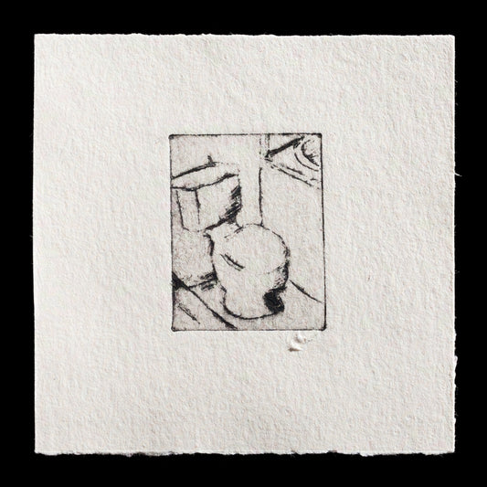 This etching, titled "Portrait of a John" by Maaike Bouhuyzen-Wenger, showcases an abstracted figure with distinctive facial features. The artist's use of TetraPak technique creates a textured surface, adding depth to the print. The black and white color palette provides a striking contrast, while the overall style is reminiscent of Cubism.