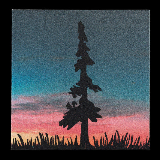 This print, "Off to Bedfordshire" by Susannah Hera, employs mixed media techniques. The artwork features a serene landscape with a sunset sky, a solitary tree in silhouette, and tall grasses along the bottom edge of the canvas, rendered in muted earth tones.