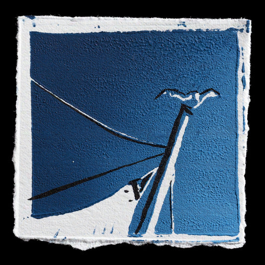 This print by Britta Klein features a seagull perched on a boat in shades of blue. Relief printing technique is used to create this artwork.
