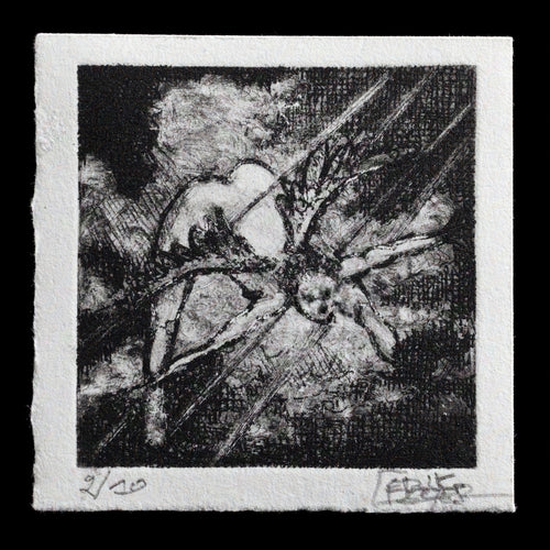 This monochromatic etching, titled 'Mon ange,' showcases a striking black-and-white composition featuring an angel-like figure at its center. The intricate details and textures of the piece are characteristic of the medium used to create it.