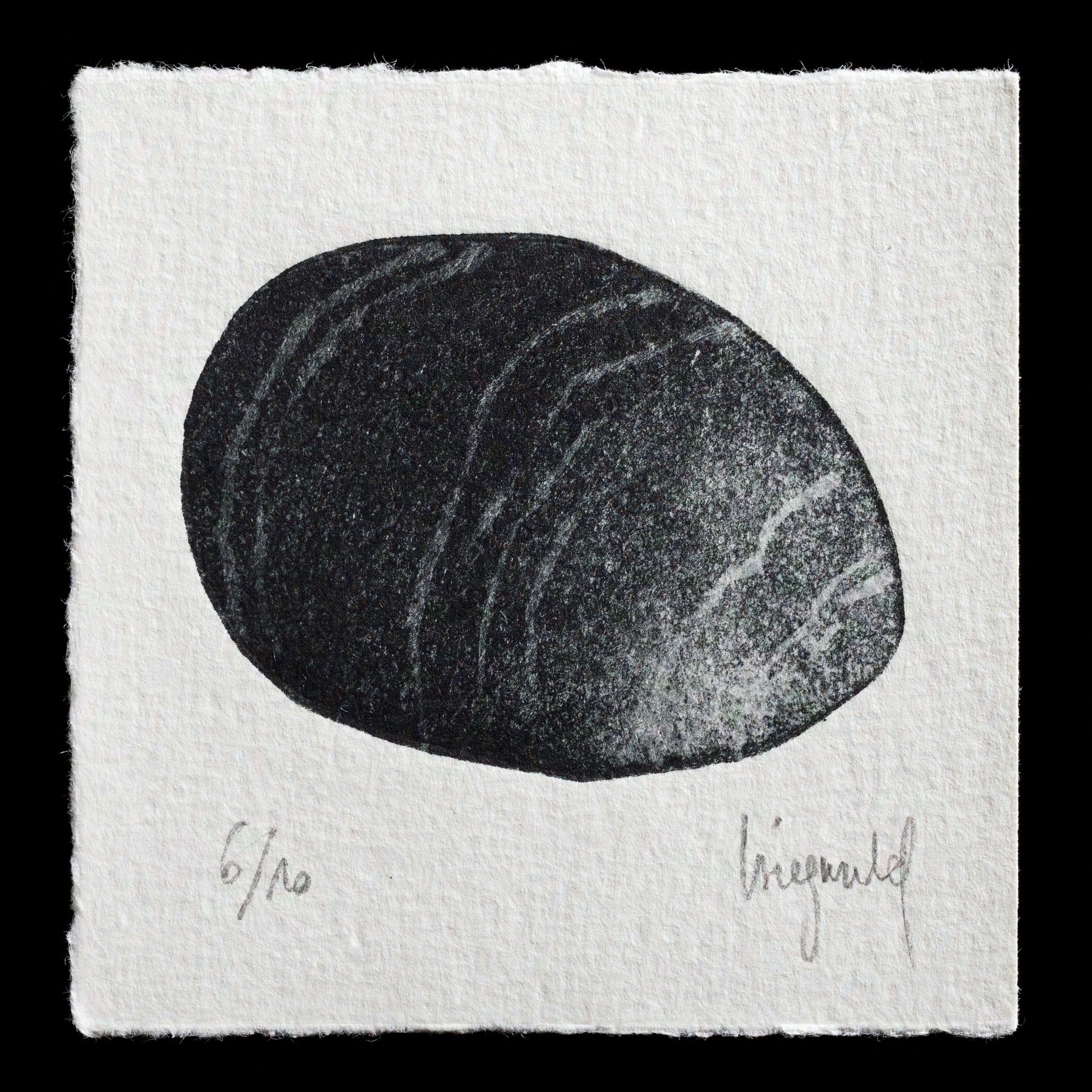 This artwork is an untitled etching by Isabelle Siegwald. The print showcases a rounded black shape with subtle white streaks, set against a crisp white background. The artist's use of etching techniques creates a textured effect that adds depth to the composition.