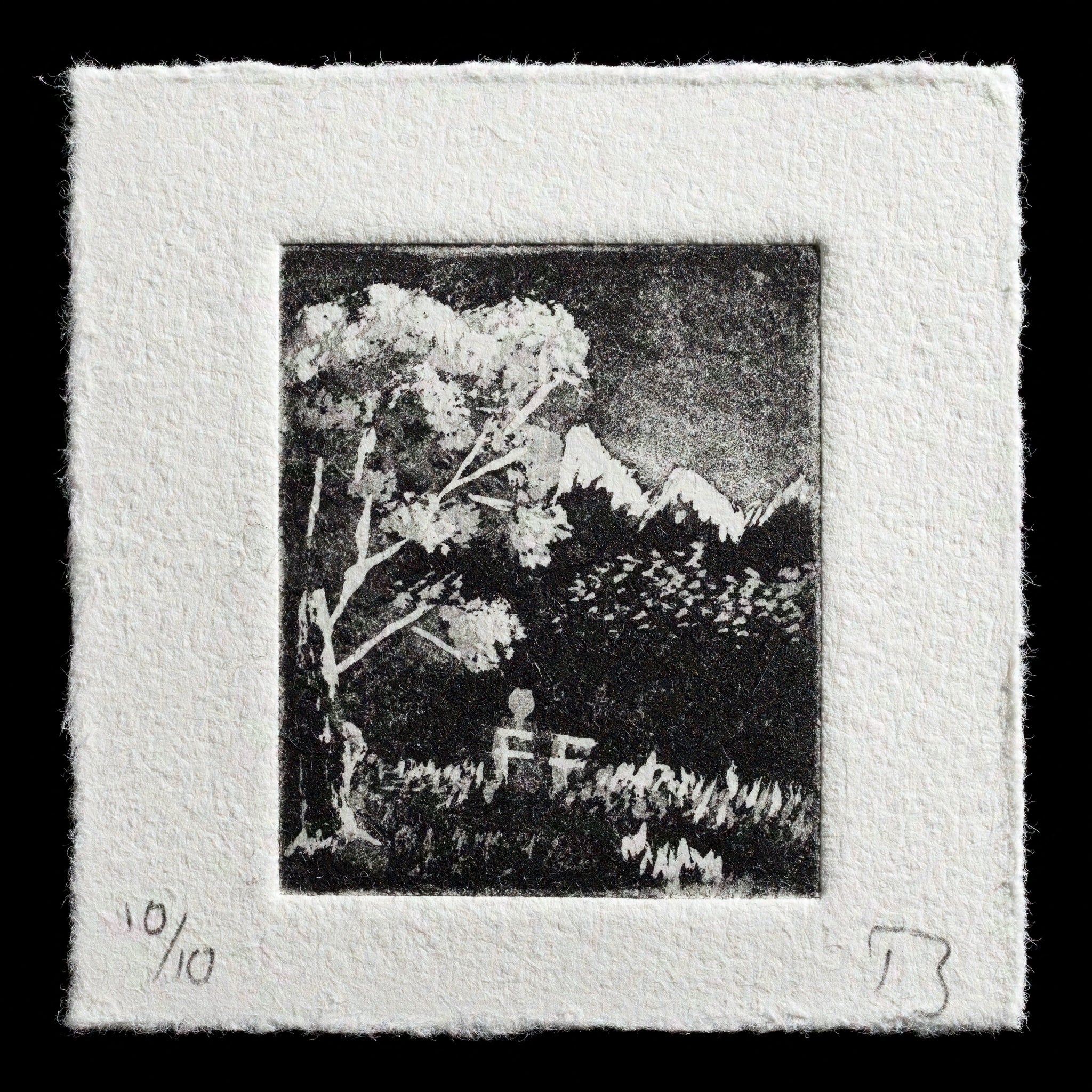 This print features a serene landscape in shades of gray, titled 