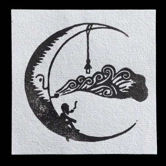 This captivating linocut print, titled "Midnight Musings" by Zoe Fraser (Wondermouse), presents a serene nighttime scene with silhouetted trees and a crescent moon casting a soft glow. The muted color palette, featuring shades of green, blue, and gray, adds to the tranquil atmosphere.