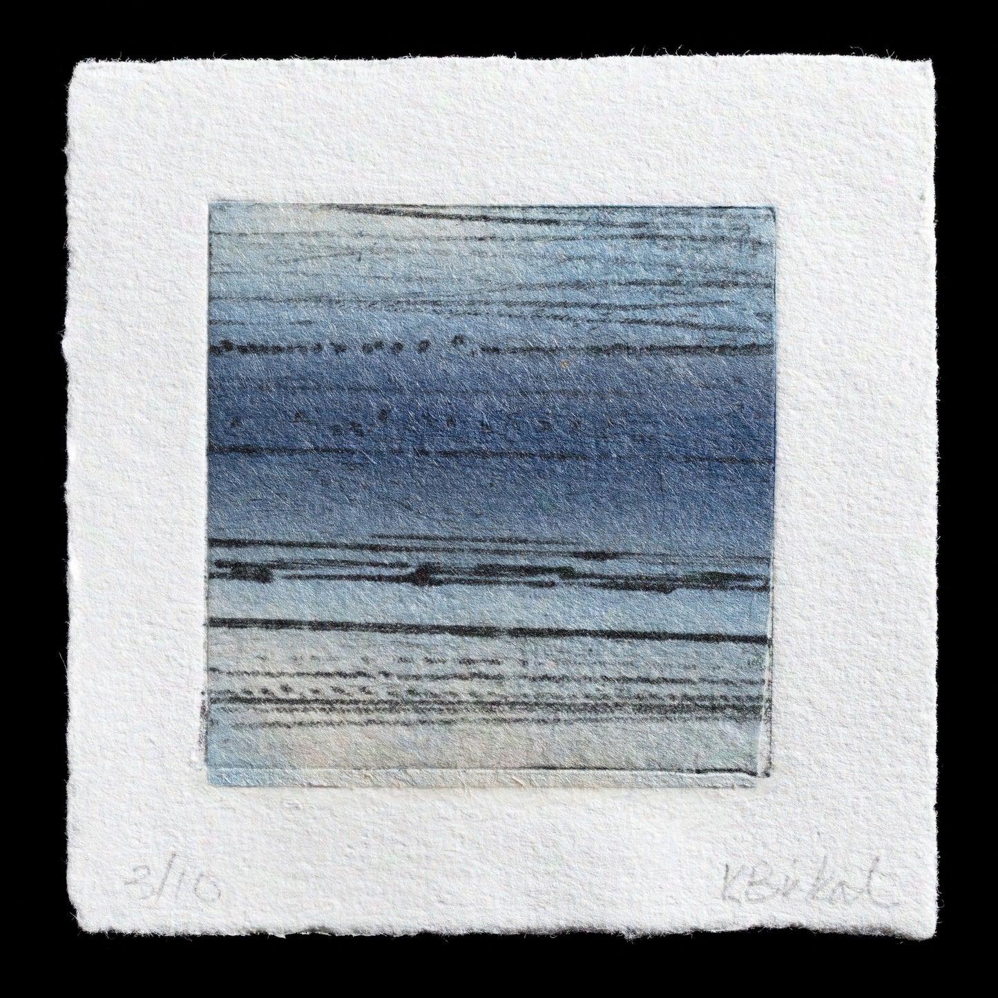 This print, "Shorebirds" by Kristin Bickal, showcases a serene coastal scene through chine-coll� techniques. The color palette features soothing shades of blue and gray.