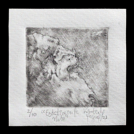 This print, titled "Est�tica en la nube" by Kimberly Carolina Yagular Aguilar, showcases a serene scene featuring a cloud with static electricity. The artist's use of drypoint technique creates a detailed and textured representation of the subject matter.
