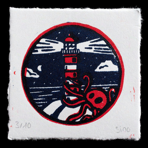 This linocut print features a dark blue background with a red lighthouse silhouette at its center. A large red octopus is positioned in front of the lighthouse, with clouds and moonlight reflected in the water below. The print's white border adds to its overall visual appeal.