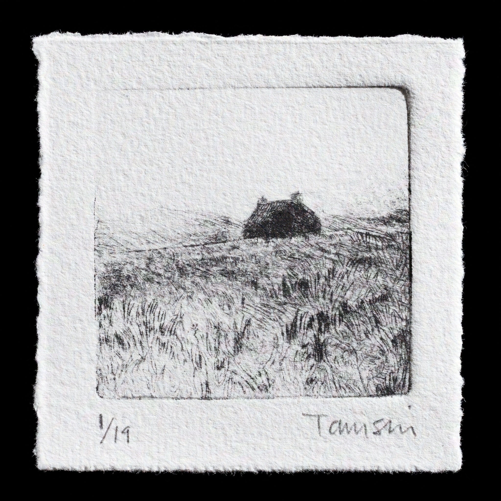 This etching depicts a serene Scottish landscape featuring a small, dark-colored bothy nestled in a field of tall grasses.

**Visual Details:**

* The image is rendered in black ink on white paper.
* The artist's signature, 