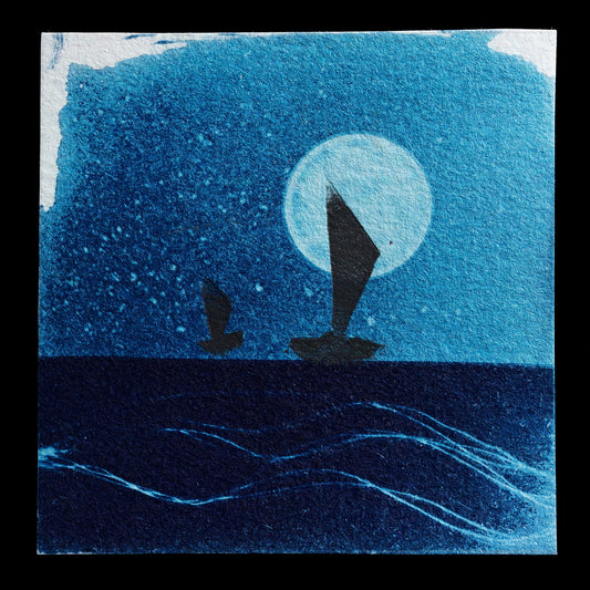 This captivating print, "Deep Blue Sea" by Manuel Klitschke, showcases a serene seascape with sailboats gliding across an endless expanse of deep blue water under a radiant full moon. The artist's mixed media technique combines rich textures and subtle hues to evoke the tranquility and majesty of the ocean at night.