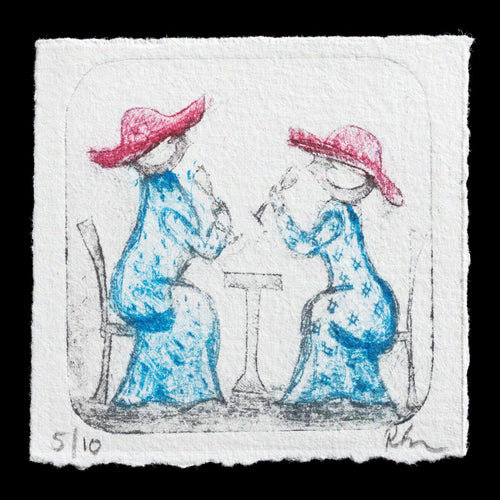 The artwork, 'Mavis and Maude' by Rebecca Beyer, features two women in blue attire and pink hats, created using drypoint technique. The print showcases a unique blend of colors and techniques.