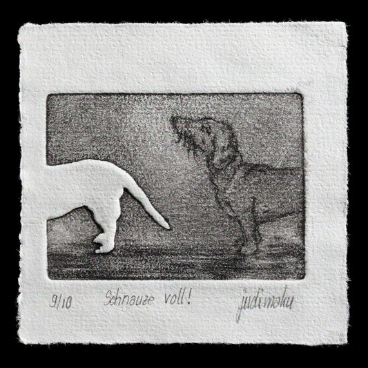 This etching print by Judith Kukla depicts a scene with two figures, one in motion and the other stationary, set against a gray background. The artwork is characterized by its monochromatic color palette, dominated by shades of gray.