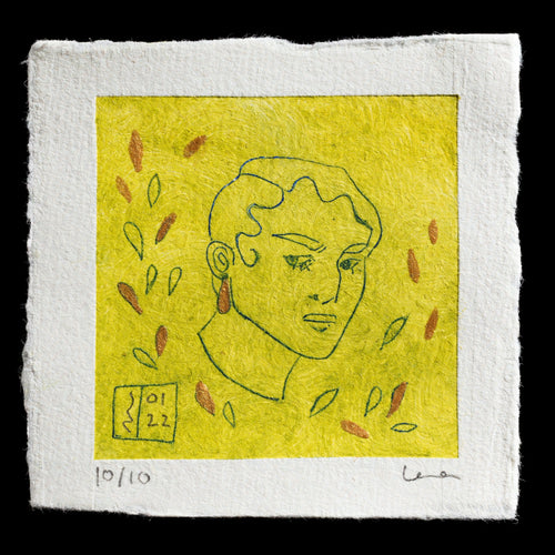 The image depicts a print titled 'leafy greens' by artist Lena, created using drypoint technique. The print features a yellow background with a blue line drawing of a woman's head and shoulders, surrounded by scattered brown leaves.