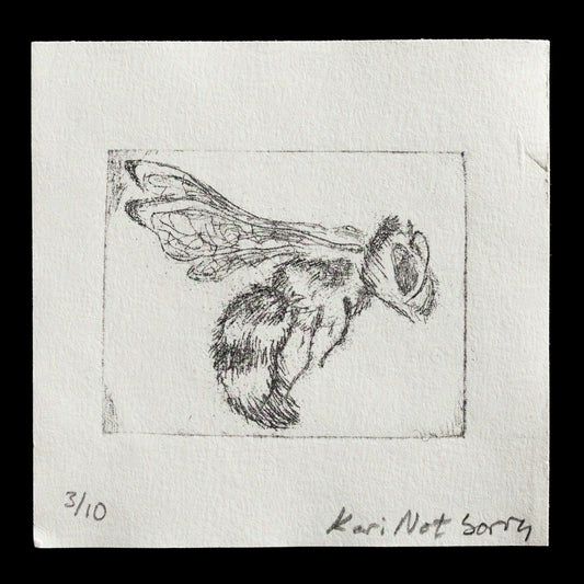 This captivating print, "Fuzzy Buddy" by Kari Not Sorry, showcases a detailed drawing rendered in ink on paper using the drypoint technique. The artwork depicts a stylized animal with soft, fuzzy fur, characterized by its rounded ears and large, round eyes. The monochromatic color scheme features a range of dark gray tones, while the text "3/10" and "Kari Not Sorry" are discreetly inscribed in pencil at the bottom left corner.