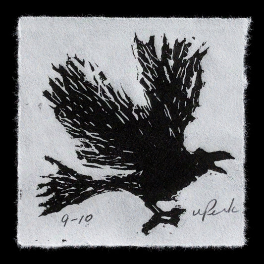 This captivating woodcut print by Wendy Peck features a striking bird with ruffled feathers in dark gray against a light gray background, showcasing intricate details that evoke a sense of movement and life.