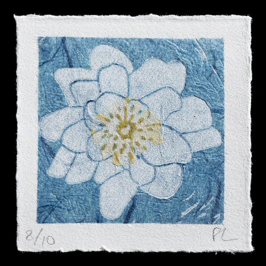 This captivating print, titled "Floating" by Pamela Levac, showcases a delicate flower in shades of blue, with intricate details achieved through linocut and chine-coll� techniques. The soft color palette and precise texture evoke a sense of serenity and subtlety.