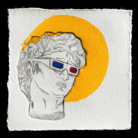 This captivating linocut print by Vesna Ilievska is titled '3D'. The artwork features a stylized head in profile, rendered in pencil drawing style, with vibrant yellow paint surrounding it. The subject wears distinctive 3D glasses, adding a touch of whimsy to the piece. Against a stark black background, the print's colors and composition evoke a sense of artistic exploration and playfulness.