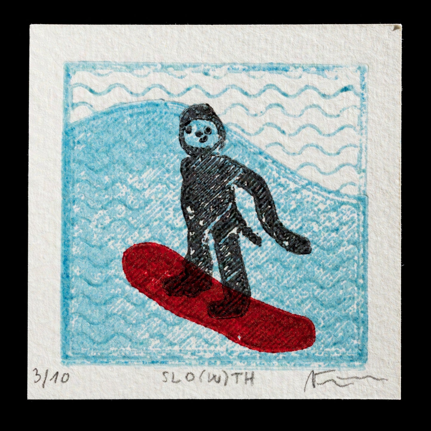 The image depicts a person snowboarding on a red board against a blue background, with the title "SLO(W)TH" written below. The print was created by Vikt�ria Vi?�kov� using 3D printed plate techniques.