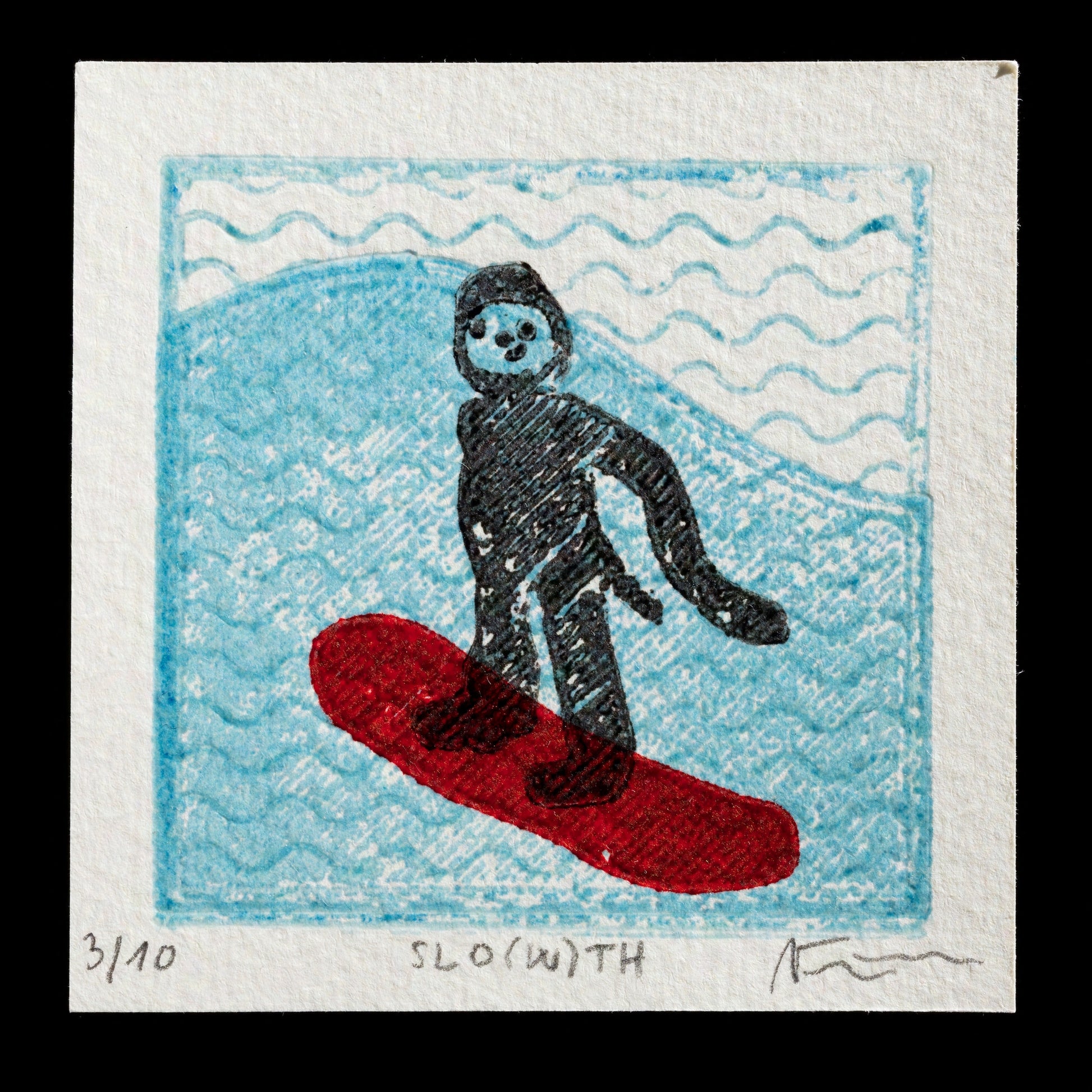 The image depicts a person snowboarding on a red board against a blue background, with the title "SLO(W)TH" written below. The print was created by Vikt�ria Vi?�kov� using 3D printed plate techniques.