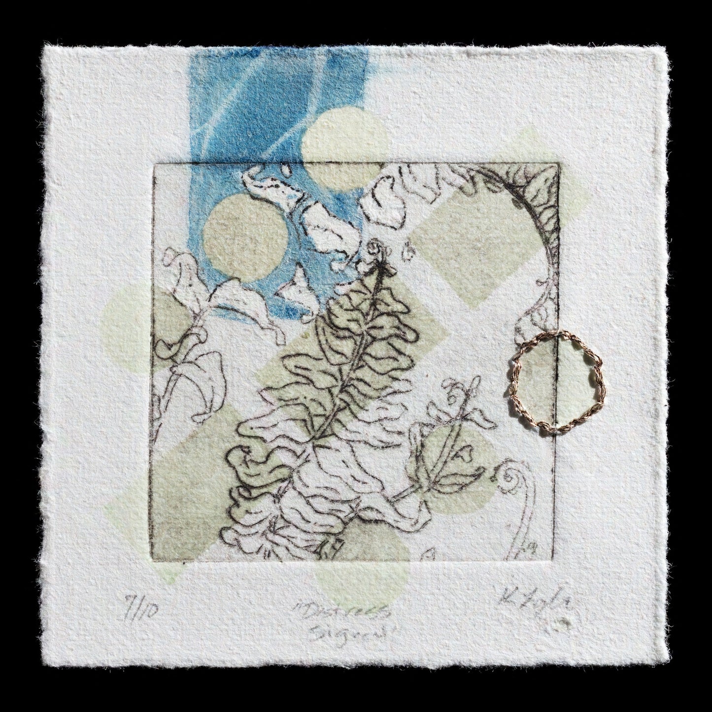 This etching by Kristen Lyle is titled 'Distress Signal'. Created in drypoint technique, the image features a delicate arrangement of foliage against a blue sky backdrop with yellow suns. The artist's use of contrasting shapes creates visual interest and depth. The overall effect is one of serenity, inviting contemplation on the natural world.