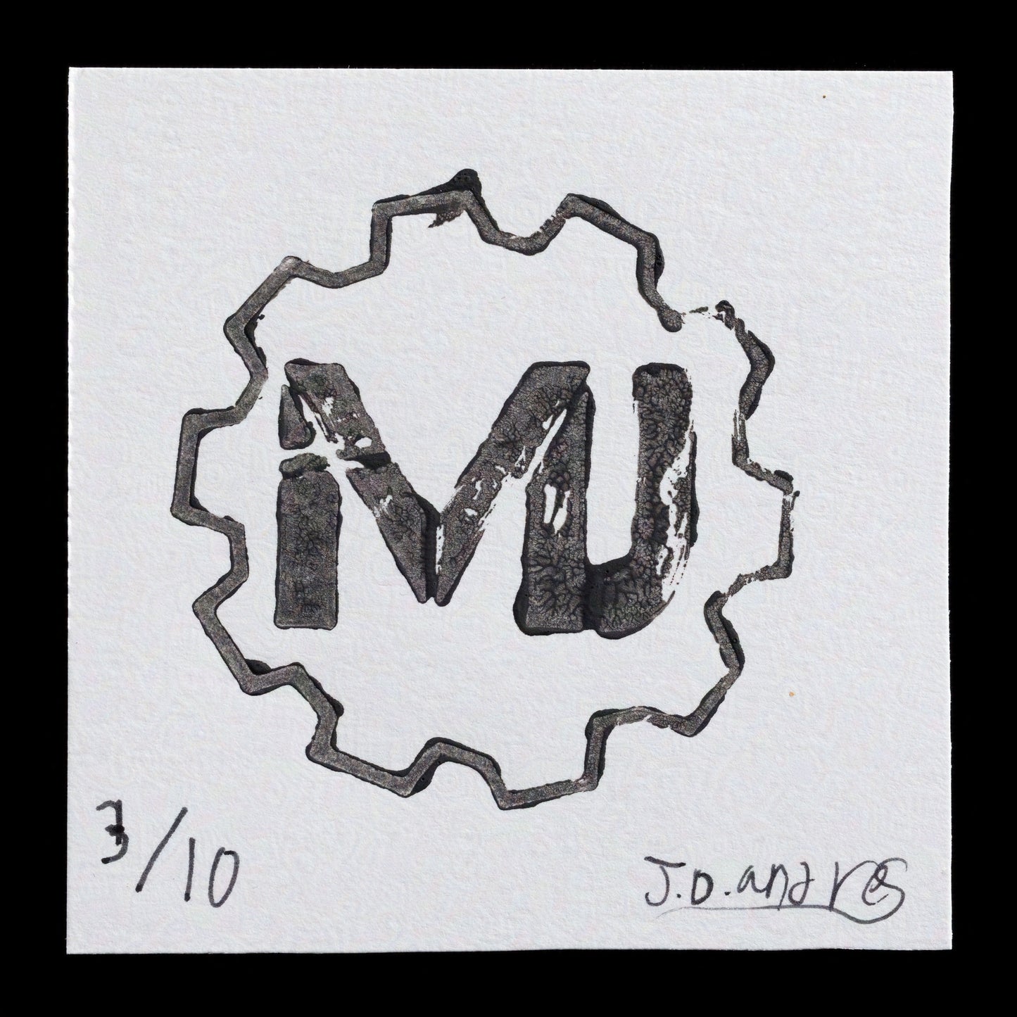 The Maker Josh logo is a relief print featuring a stylized "MJ" monogram in gray ink, surrounded by a 3D printed plate with wavy edges. The design showcases the artist's initials within an abstract shape, creating a unique and eye-catching visual identity.