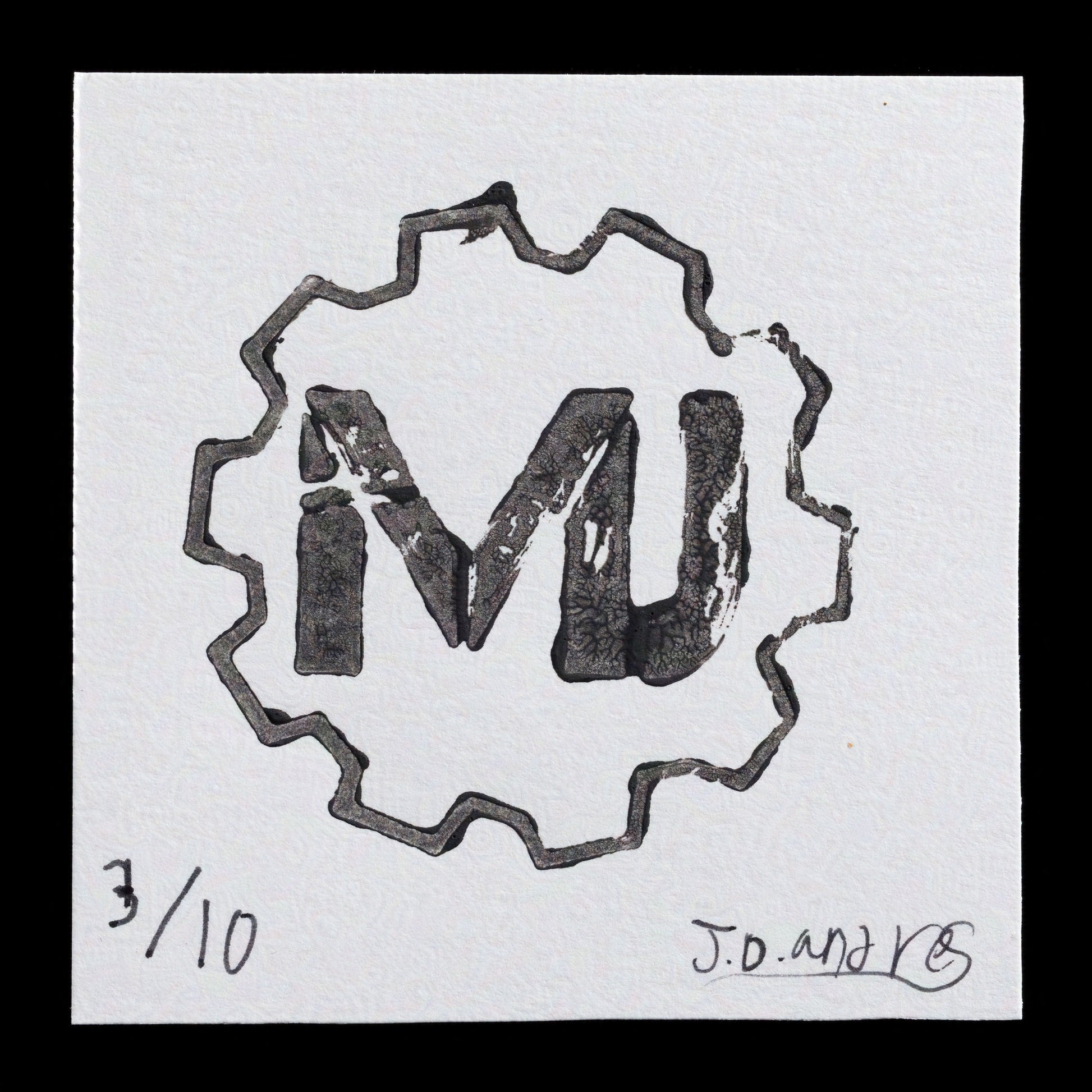 The Maker Josh logo is a relief print featuring a stylized "MJ" monogram in gray ink, surrounded by a 3D printed plate with wavy edges. The design showcases the artist's initials within an abstract shape, creating a unique and eye-catching visual identity.
