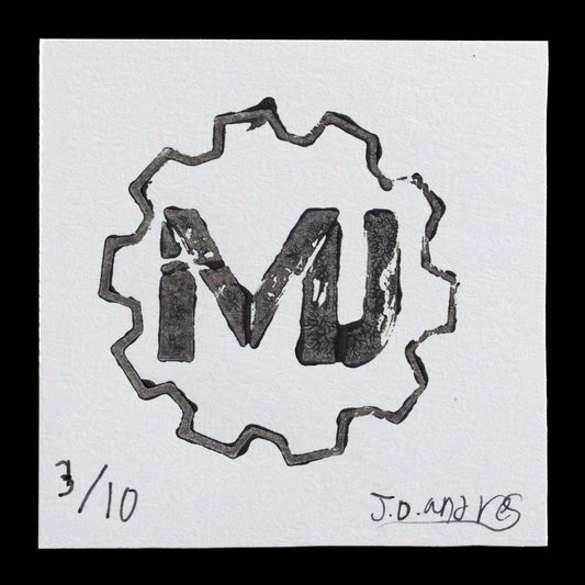 The Maker Josh logo is a relief print featuring a stylized "MJ" monogram in gray ink, surrounded by a 3D printed plate with wavy edges. The design showcases the artist's initials within an abstract shape, creating a unique and eye-catching visual identity.