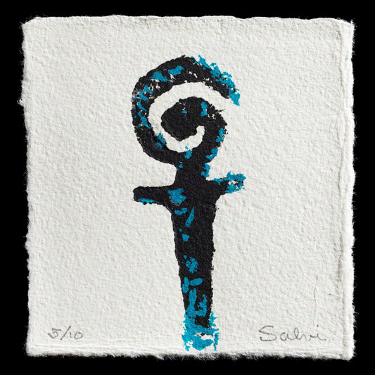 This print, "Lord Pluto" by John Salvi, showcases a striking black silhouette with vibrant blue accents against a crisp white background. Crafted using collagraph techniques, this artwork presents a dramatic and eye-catching composition that highlights the artist's skillful use of contrasting colors.