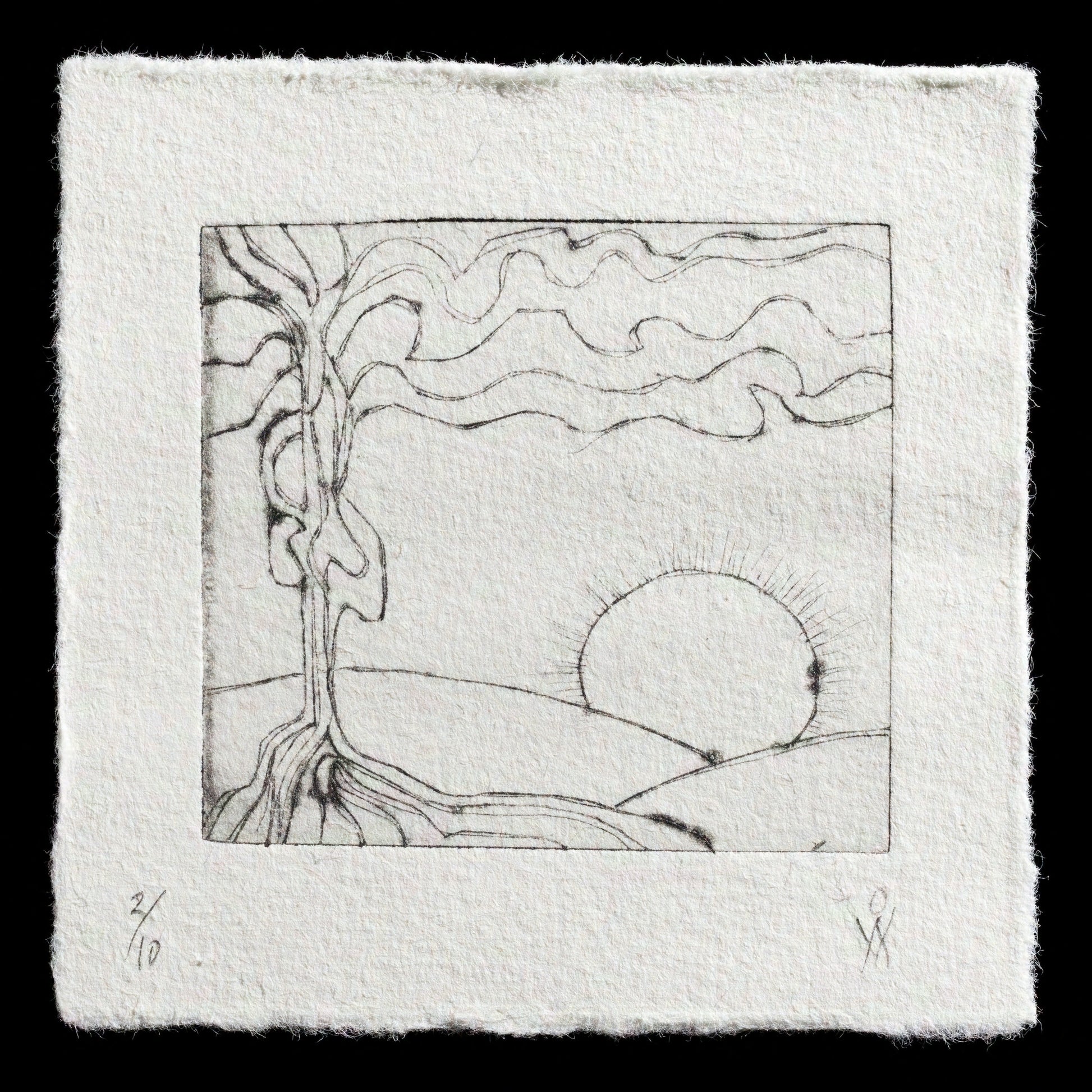 The etching "Space" by R�d Erik showcases a serene landscape featuring rolling hills, a tree, and a radiant sun in shades of gray, white, and black, highlighting the artist's use of drypoint technique to convey simplicity and elegance.