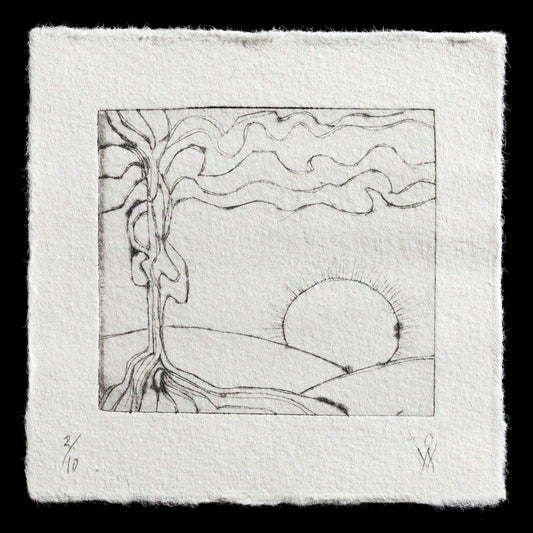 The etching "Space" by R�d Erik showcases a serene landscape featuring rolling hills, a tree, and a radiant sun in shades of gray, white, and black, highlighting the artist's use of drypoint technique to convey simplicity and elegance.