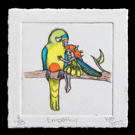 This captivating etching print, titled "Empathy" by Kat Parker, showcases a poignant scene featuring an anthropomorphic bird with human-like qualities, embracing a small gray creature in its arms. The artwork is rendered in a rich palette of greens, blues, and oranges on white paper, exuding a sense of warmth and compassion.