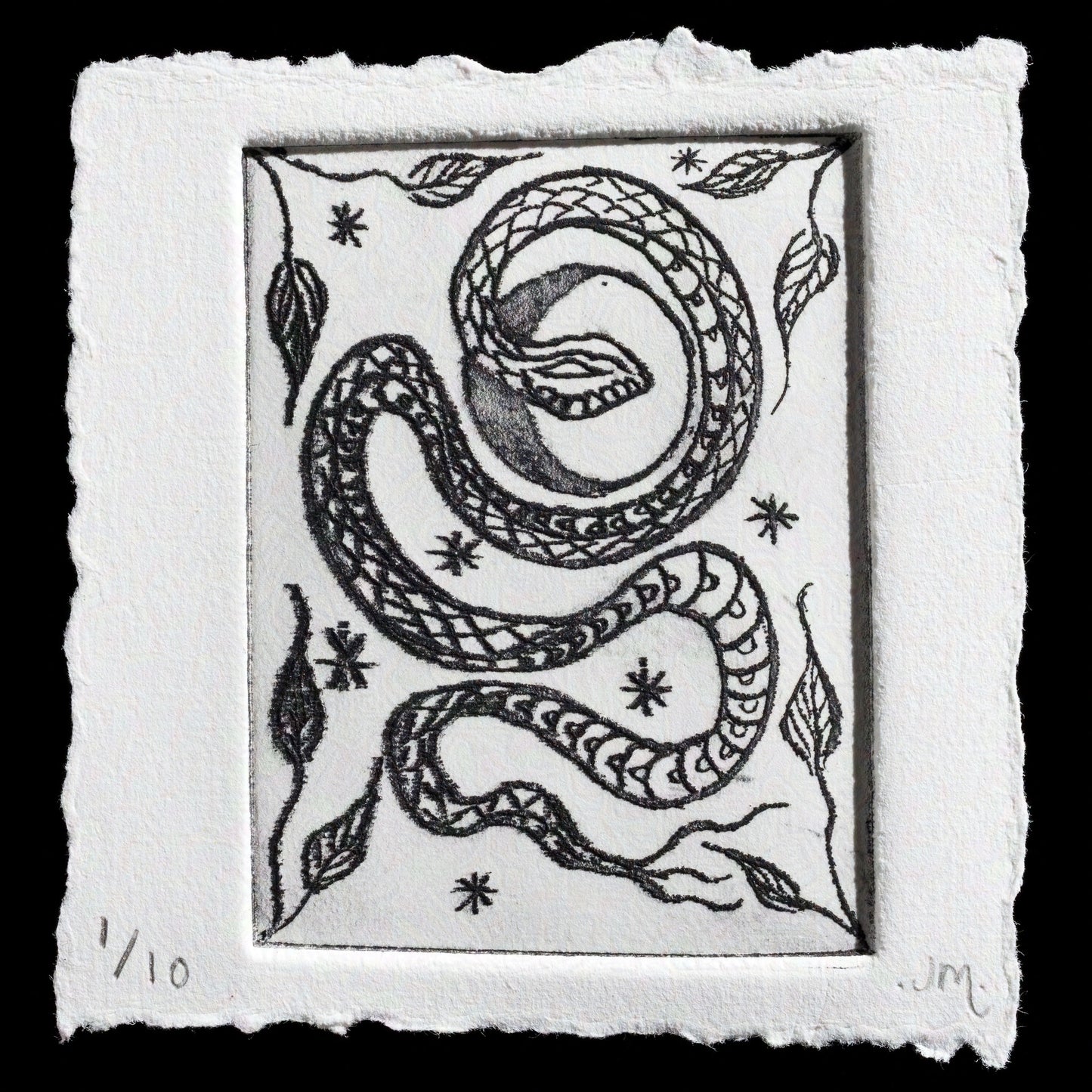 This etched print, titled "Aether" by Jasmine Mahoney (Skyfyre Studio), showcases a striking black snake curled around itself in a spiral shape against an off-white background. The surrounding design features stylized leaves and stars, adding a touch of elegance to the overall piece.