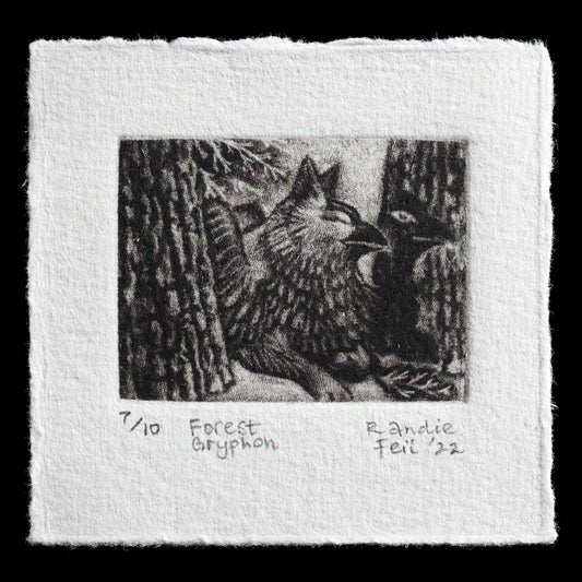 This captivating mezzotint print, titled "Forest Gryphon" by Randie Feil, features a majestic gryphon amidst lush foliage in muted tones of green, brown, and tan. The intricate details and textures evoke a sense of mystery and wonder.