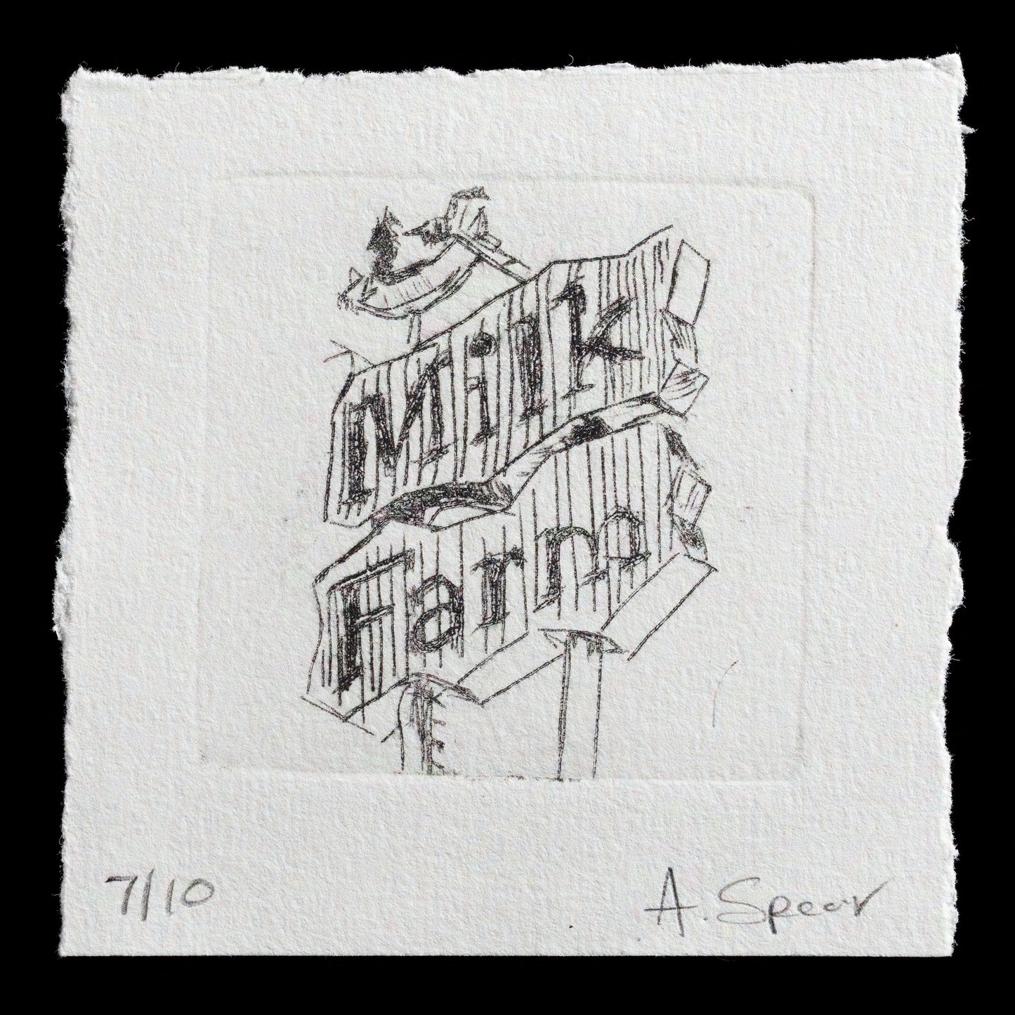 The image showcases an untitled print by Austin Spear, created using the drypoint technique. This monochromatic piece features a black-and-white sketch of wooden boards with the words "MILL FARM" inscribed on them, set against a white background. The artist's signature is visible in the bottom-right corner.