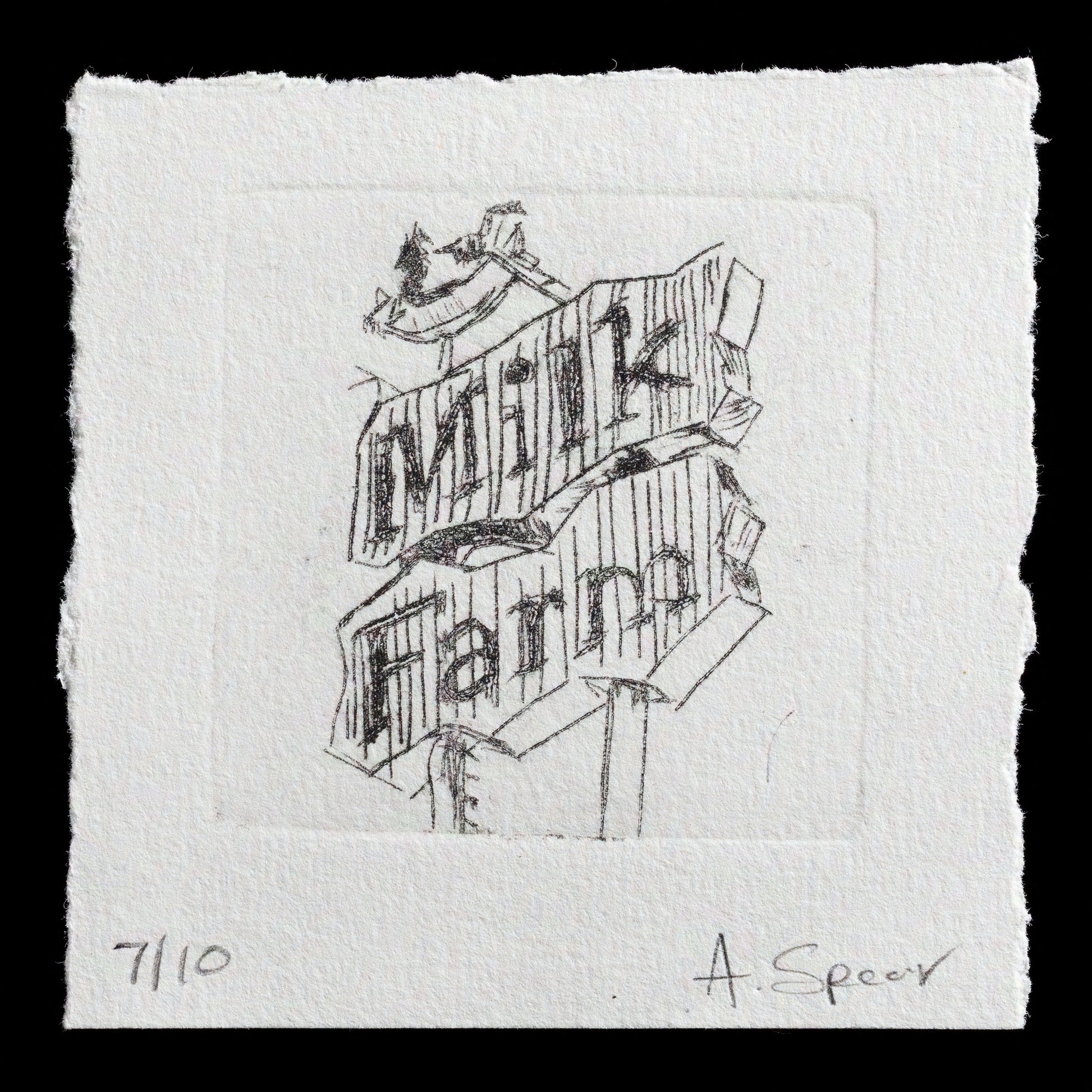 The image showcases an untitled print by Austin Spear, created using the drypoint technique. This monochromatic piece features a black-and-white sketch of wooden boards with the words "MILL FARM" inscribed on them, set against a white background. The artist's signature is visible in the bottom-right corner.